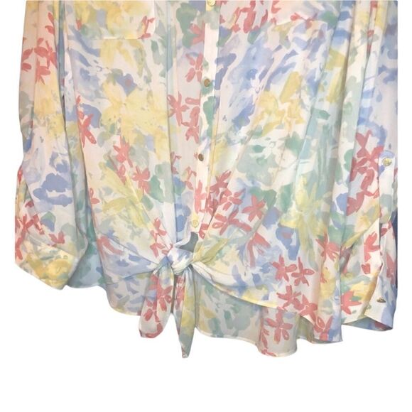 NWT Investments Blouse Tie Front Roll Sleeves Mauve Green Blue Yellow White Sz3X - Picture 3 of 6